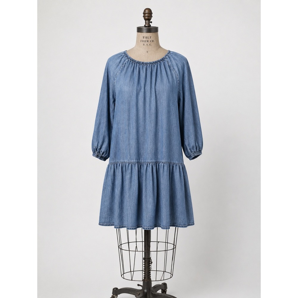 H&M Denim Shift Dress Womens Large Knee 3/4 Sleeve, Prairie‎ Cottagecore Western
